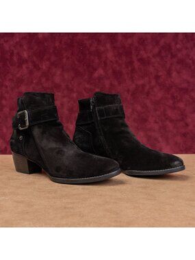 Paul Green Women Jano Distressed Black Suede Buckle Moto Boots 10US AUS 7.5